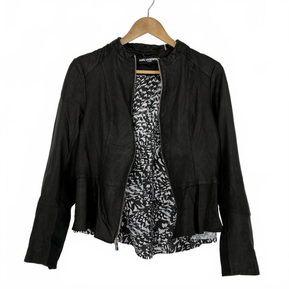 Karl Lagerfield Butter Soft Peplum Leather Biker Moto Jacket Full Zip Women's Lg